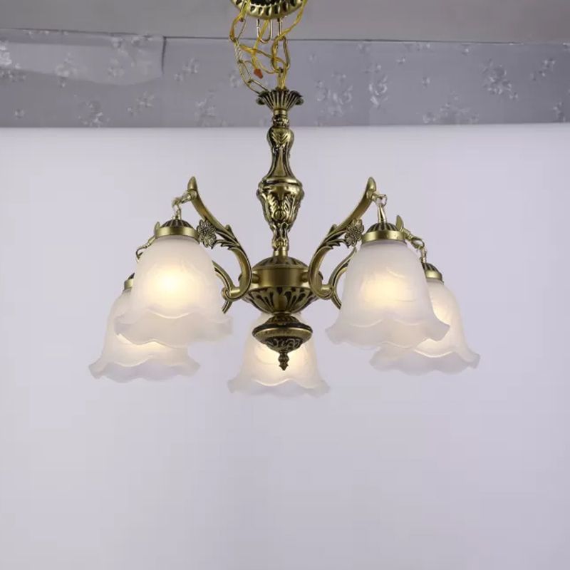 Bronze Floral Down Chandelier Lighting Vintage Frosted Glass 5-Bulb Dining Room Drop Lamp