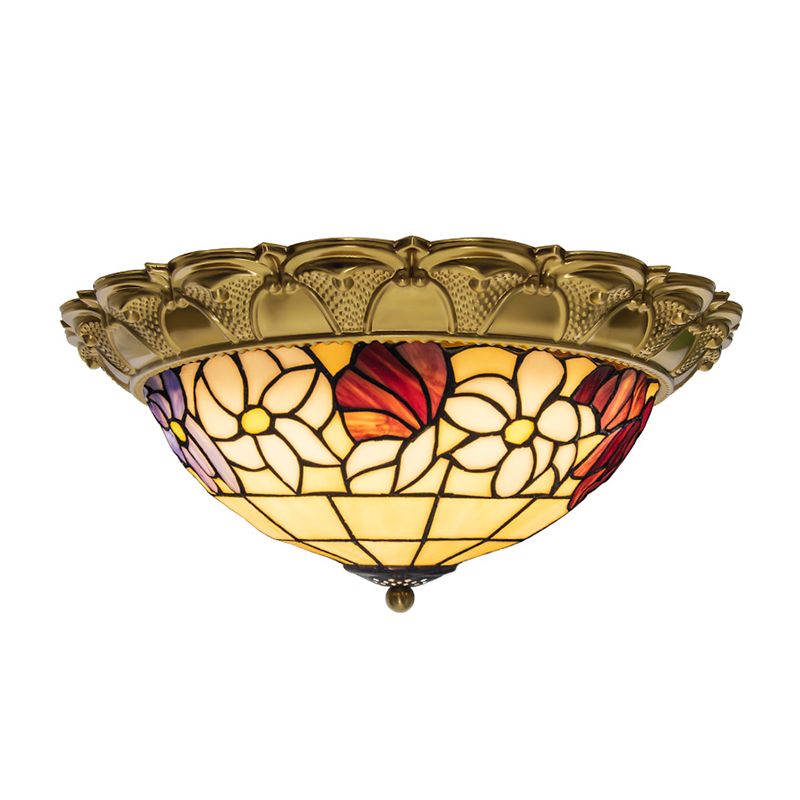 15"/16"/19,5" breite LED-Deckenleuchte aus Messing mit mediterraner Buntglas-Blumen-Einbauleuchte