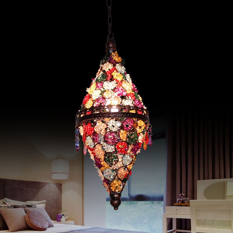 1 Head Ceiling Pendant Bohemian Bedroom Hanging Lamp with Cone/Gyro Stained Glass Shade in Copper