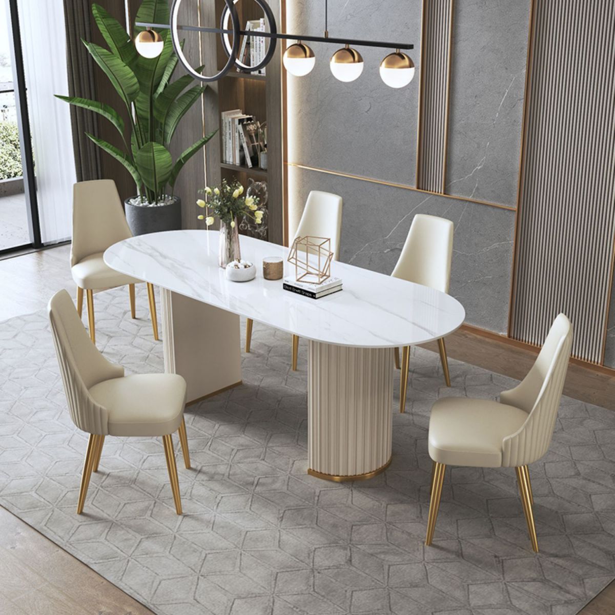 Glam Sintered Stone White Dining Table Oval Standard Dining Table for Kitchen