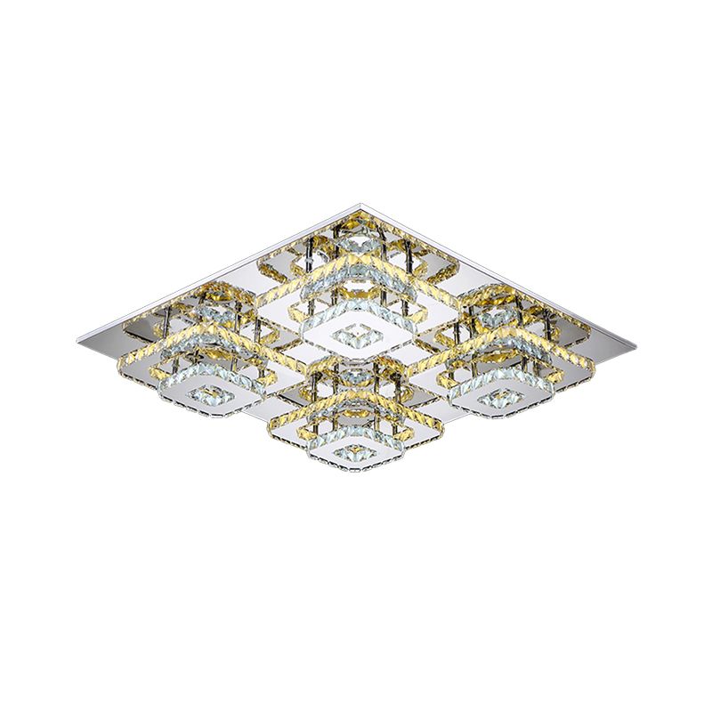 LED Ceiling Flush Mount Contemporary Bedroom Flush Light with Square Beveled Crystal Shade in Chrome