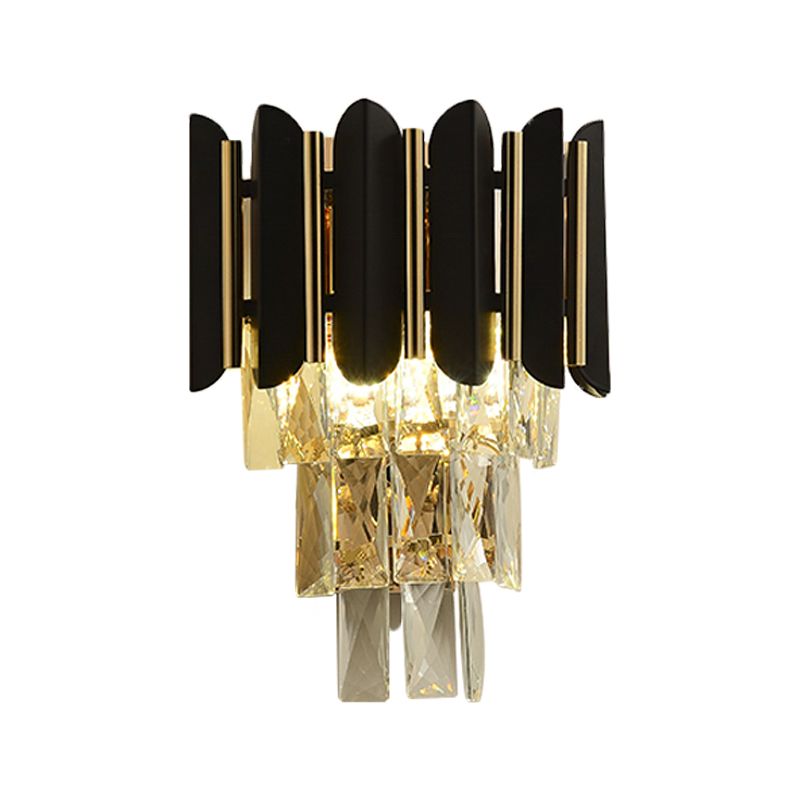 Black Finish 2 Heads Wall Light Fixture Modern Clear Faceted Crystals Tapered Flush Wall Sconce