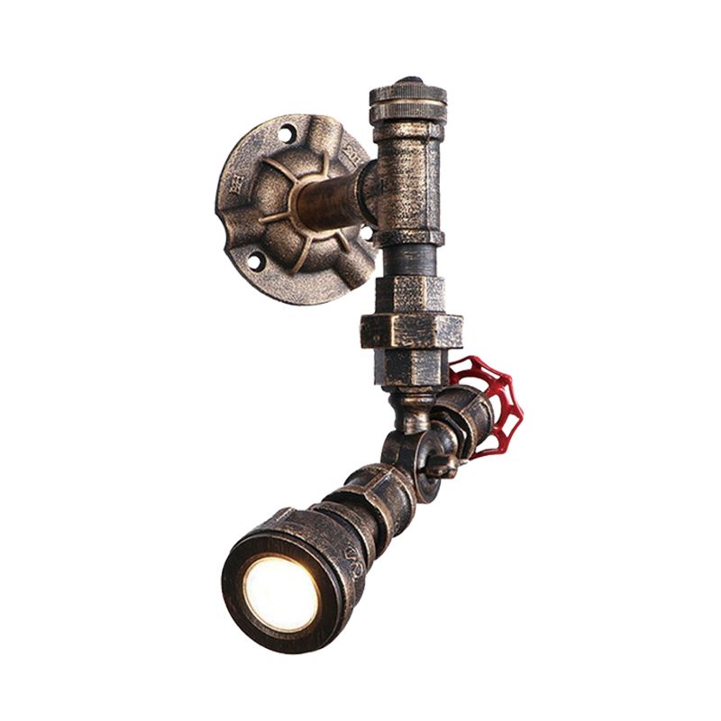 1/2-Bulb Sconce Light Fixture Farmhouse Water Pipe Iron Wall Lamp in Bronze with Red Valve Deco