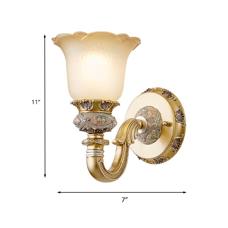 Vintage Flower Wall Light 1 Light Frosted Glass Wall Sconce Lighting with Metal Carved Arm in Gold for Foyer