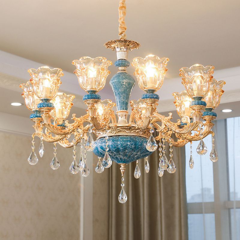 Ruffled Edge Living Room Chandelier Light Retro Handblown Glass Gold Pendant Light Fixture with Crystal Draping