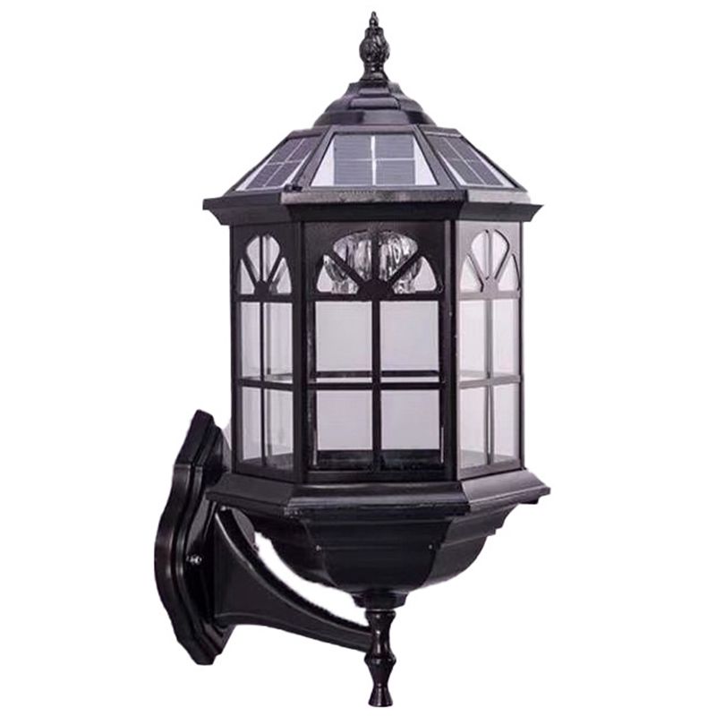 1 Glühbirne klare Glaswandländer Schwarz Hexagon Außenwandlampe mit Solarpanel