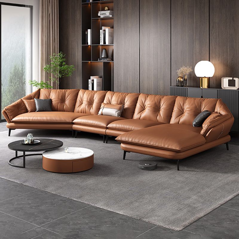 Contemporary Genuine Leather Pillow Top Arm Sofa in Orange for Living Room