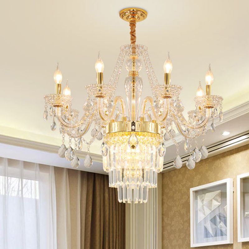 Candle Living Room Chandelier Lighting Traditional Clear Crystal 6 Lights Chrome/Gold Hanging Lamp