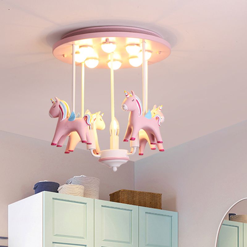Plafonnier licorne arc-en-ciel en résine, 11 ampoules, luminaire Semi-affleurant pour chambre d'enfant