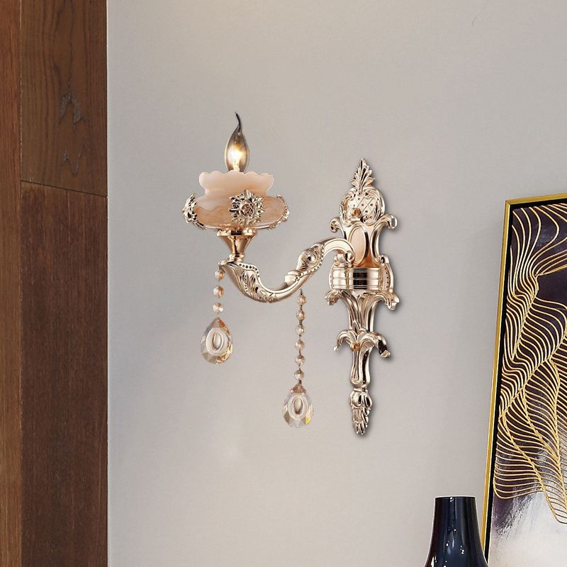 1/2-Head K9 Crystal Sconce Lamp Traditional Gold Candle Corridor Wall Lighting Fixture with Jade Saucer