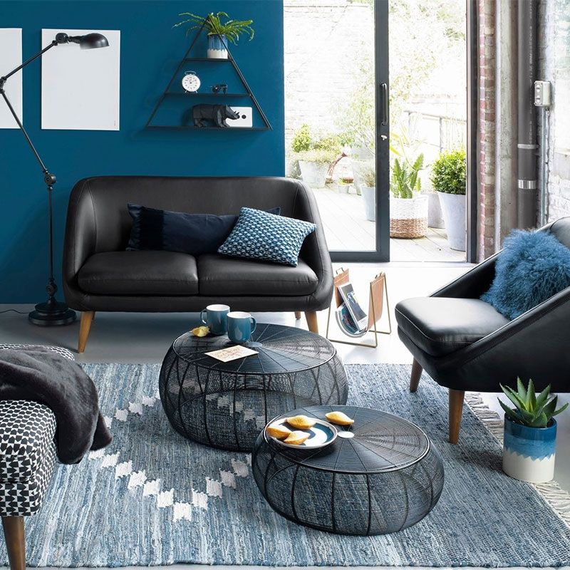Mid-Century Modern Coffee Table with Round Top and Frame Base in Black