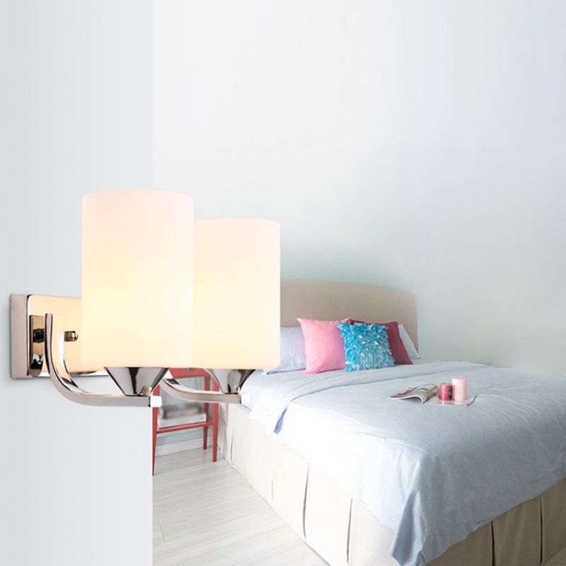 Milk White Cylindrical Glass Wall Lamp Contemporary Simplicity Style Sconce Lighting Fixture in Polished Silver