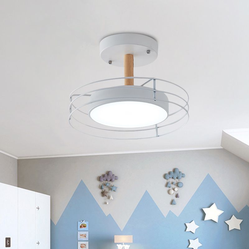 Round Semi Flush Mount Lighting Nordic Iron Black/White/Gold LED Ceiling Fixture with Wire Cage