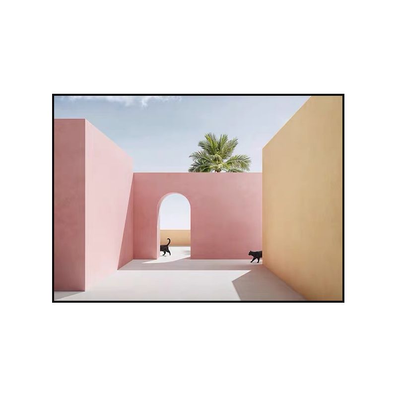 Courtyard Cat Wall Art Print Modern Aesthetic Architecture Canvas Print in Soft Color