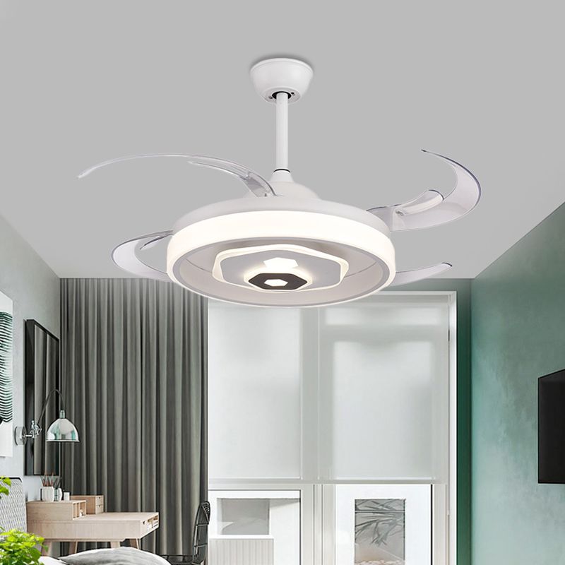 LED -plafondventilator Verlichting Eenvoudige slaapkamer Semi -spoeling Lichte armatuur met ronde acrylschaduw in wit met 4 heldere messen, 42 "W
