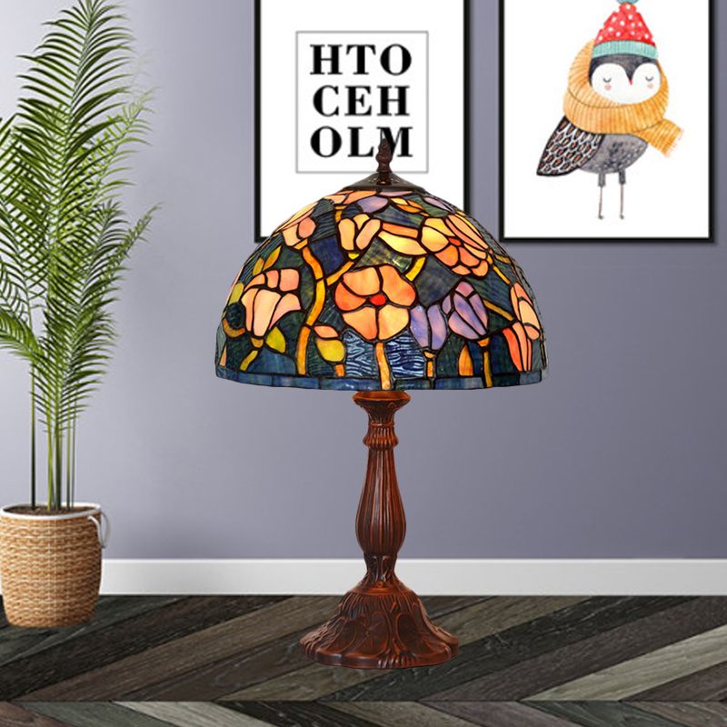 Lámpara de mesa de cocina de 1 luces Tiffany Bronze Night Light con flores manchas de vidrio