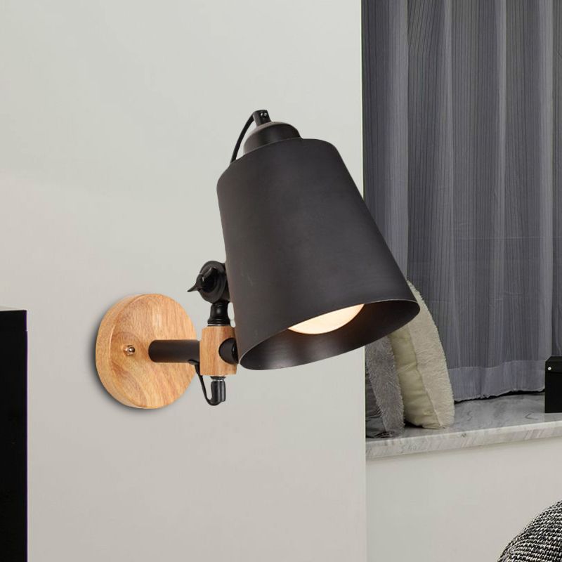 Bucket Shade Metal Wall Lamp Modernism 1 Light Corridor Wall Mount Light with Wooden Backplate in Black/White
