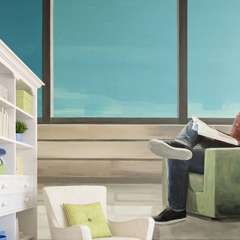 Artistic Reading Book Wall Mural Non-Woven Stain Resistant Blue-Brown Wall Covering for Home