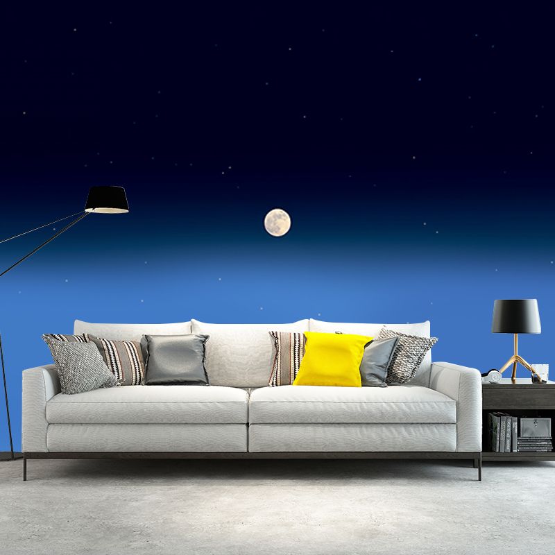 Large Distant Moon Mural Wallpaper Blue Non-Woven Wall Art, Washable, Custom Made