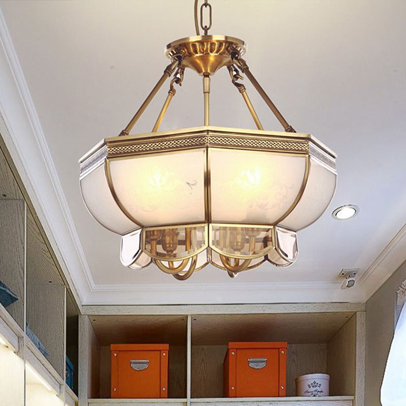 4 Bulbs Bowl Hanging Chandelier Colonial Brass Frosted Glass Ceiling Suspension Lamp for Living Room