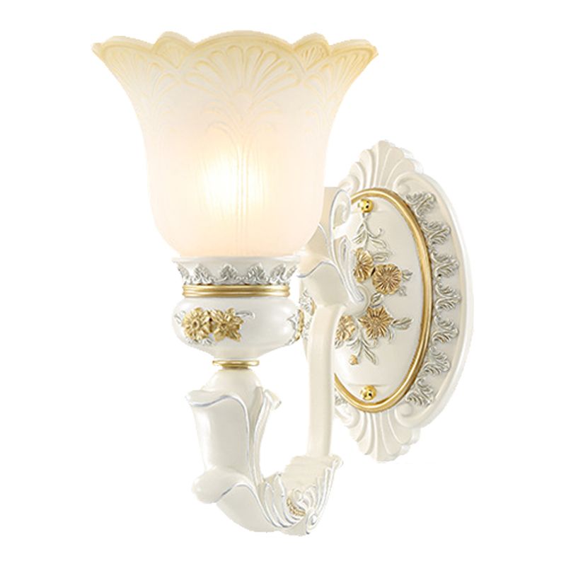 Rustic Blossom Shape Wall Mount Light Single Bulb Frosted Glass Wall Sconce with Carving Design in White