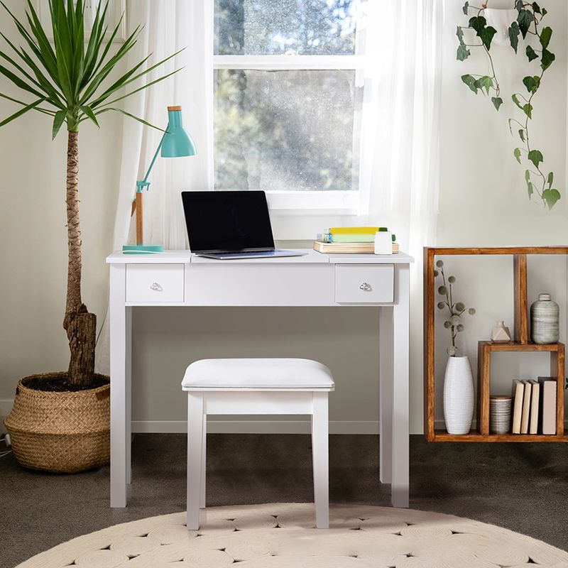 Flip Single Mirror Vanity Desk Double Drawers Straight Feet Dresser in White