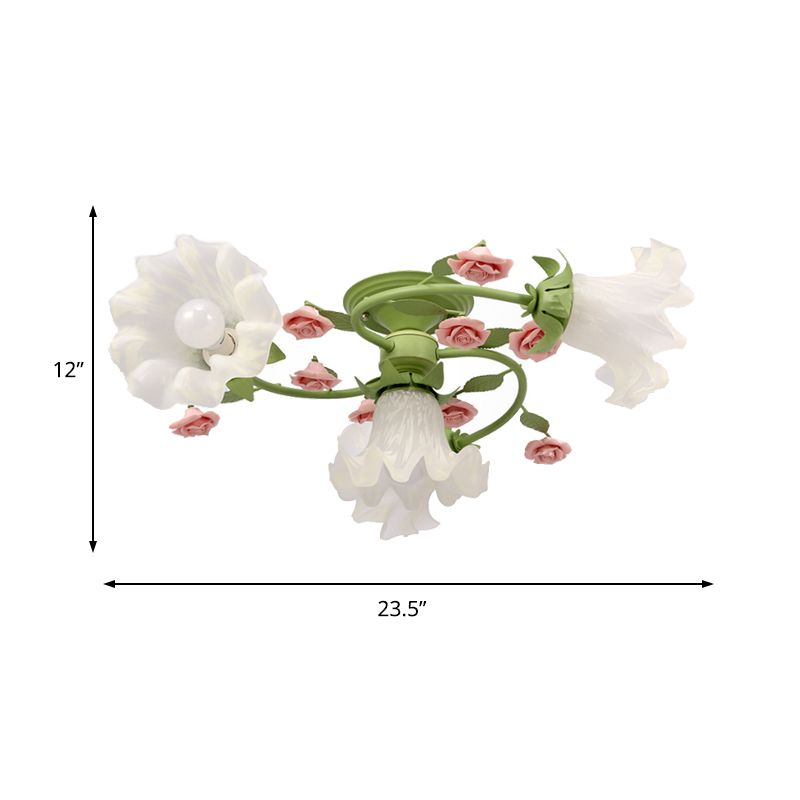 Vidrete de vidrio de vidrio Iluminación de techo chirriante Estilo pastoral 4 cabezas de dormitorio Semi Flush Mount Lights en verde