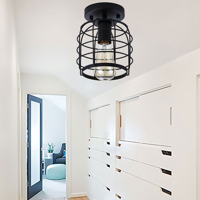 Plafonnier à 1 tête, cage cylindrique vintage en métal, semi-encastré, noir, pour couloir