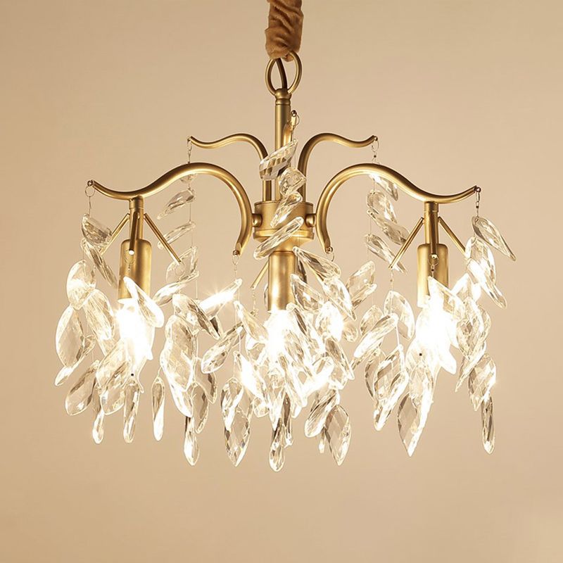 Raindrop Crystal Ceiling Chandelier Traditionalism 4 Heads Living Room Down Lighting in Gold