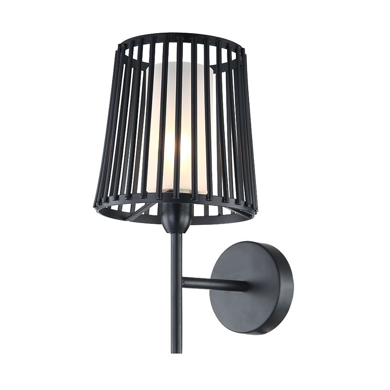 Single Light Wall Mount Lamp Farmhouse Cone Frame Metallic Wall Sconce Lighting with Cylinder Opal Glass Shade in Black