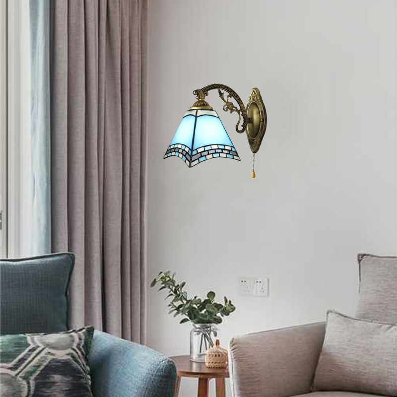 Mediterranean Pyramid Wall Lamp Blue Glass 1 Light Wall Mount Light with Pull Chain