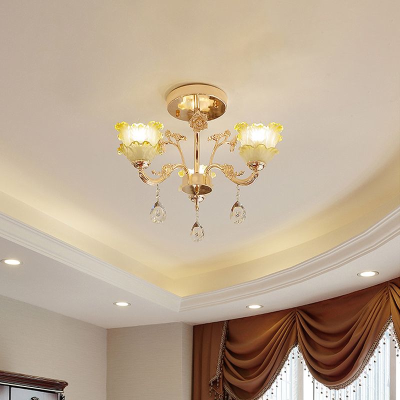 3-Light Semi Flush Mount Light Classic Dining Room Ceiling Lighting with Lotus Crystal Shade in Gold