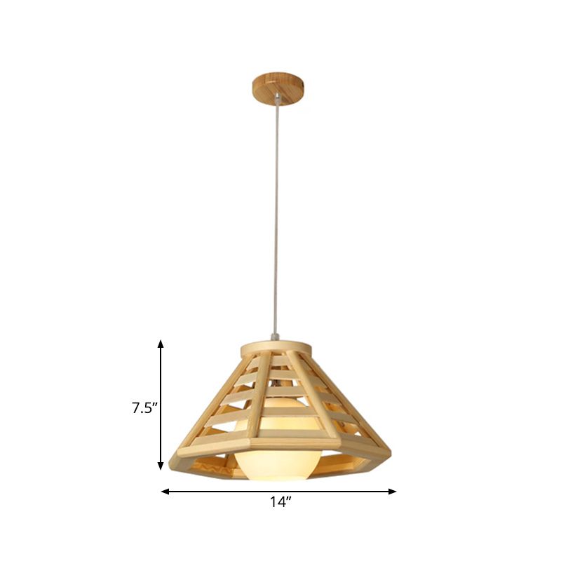 Asia Mini Globe Pendant Light Ivory Open Glass 1 Head Dining Table Suspension Lighting with Tapered Wood Cage in Beige