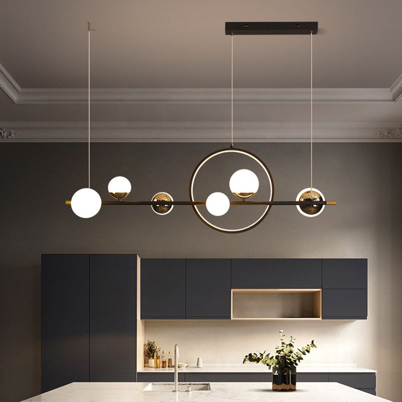 Modern Kitchen Island Fixture 6 - Head Metal and Glass Ceiling Pendant Lighting in Black