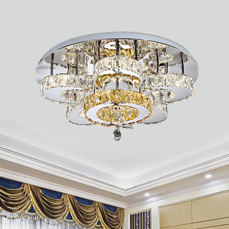 LED Bedroom Semi Mount Lighting Minimalism Chrome Ceiling Fixture with Floral Crystal Block Shade