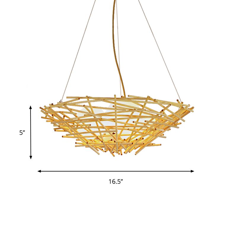Birdnest Suspension Pendant Contemporary Wood 1 Bulb Beige Hanging Light Kit, 16.5"/24.5" Wide