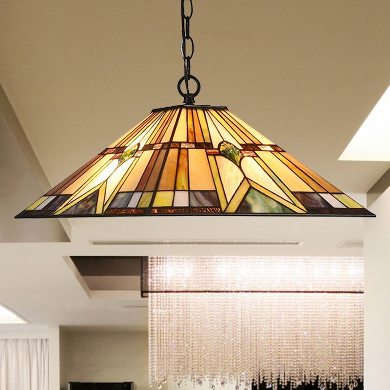 Tiffany Rhombus/Shell Ceiling Lamp 1 Head Brown Stained Art Glass Hanging Pendant Light for Dining Room