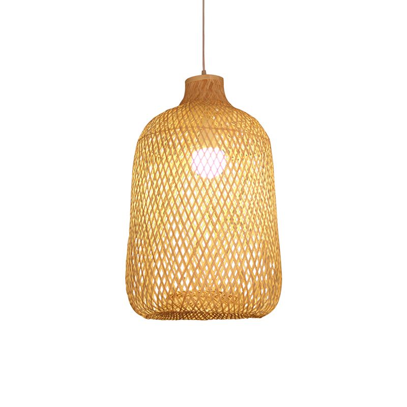 Bird Cage Pendant Light Contemporary Bamboo Single-Bulb Restaurant Suspension Light in Wood