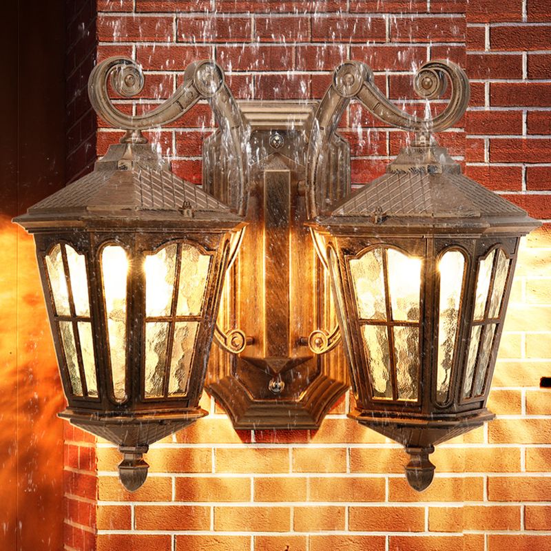Lodge Lantern Wall Mount Lamp 2-Light Clear Water Glass Wall Lighting Fixture in Bronze