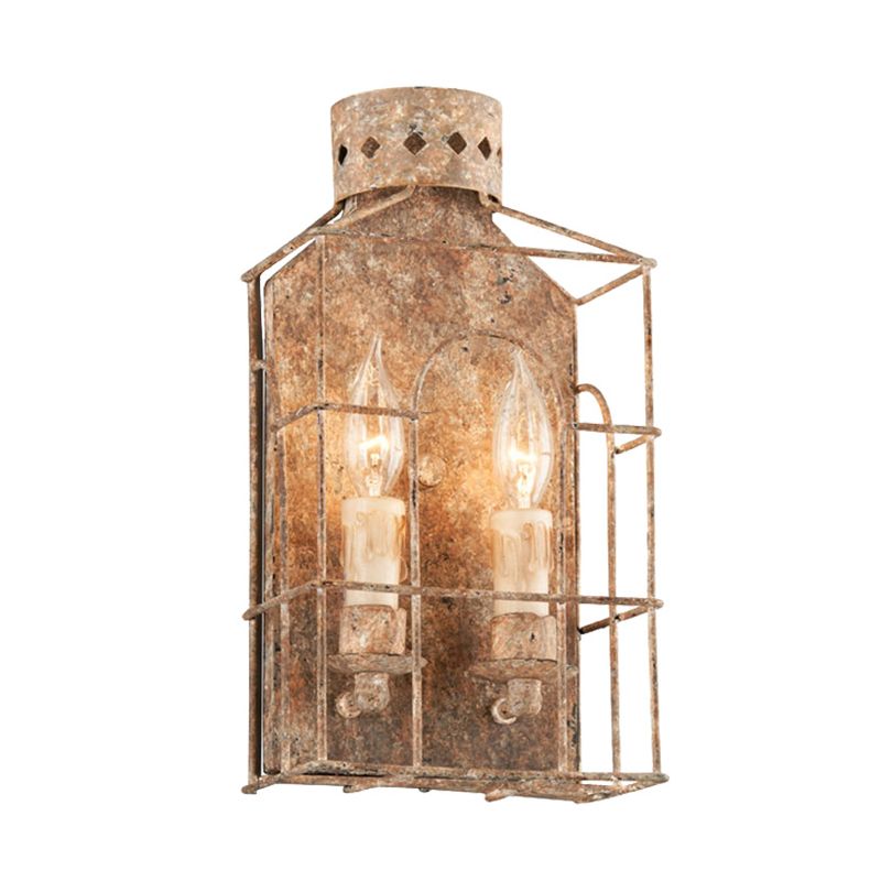 Country Candle Sconce Light Fixture 2-Bulb Metal Wall Mount Lighting in Rust for Indoor with Cage