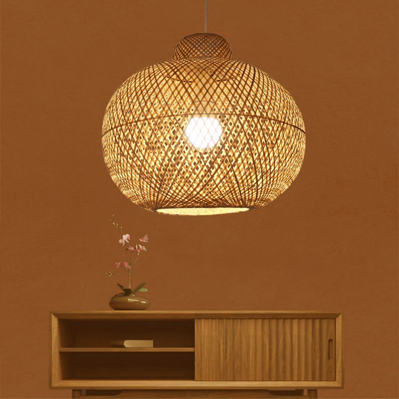 1 Bulb Handmade Pendant Lighting Modernist Bamboo Hanging Light Fixture in Wood
