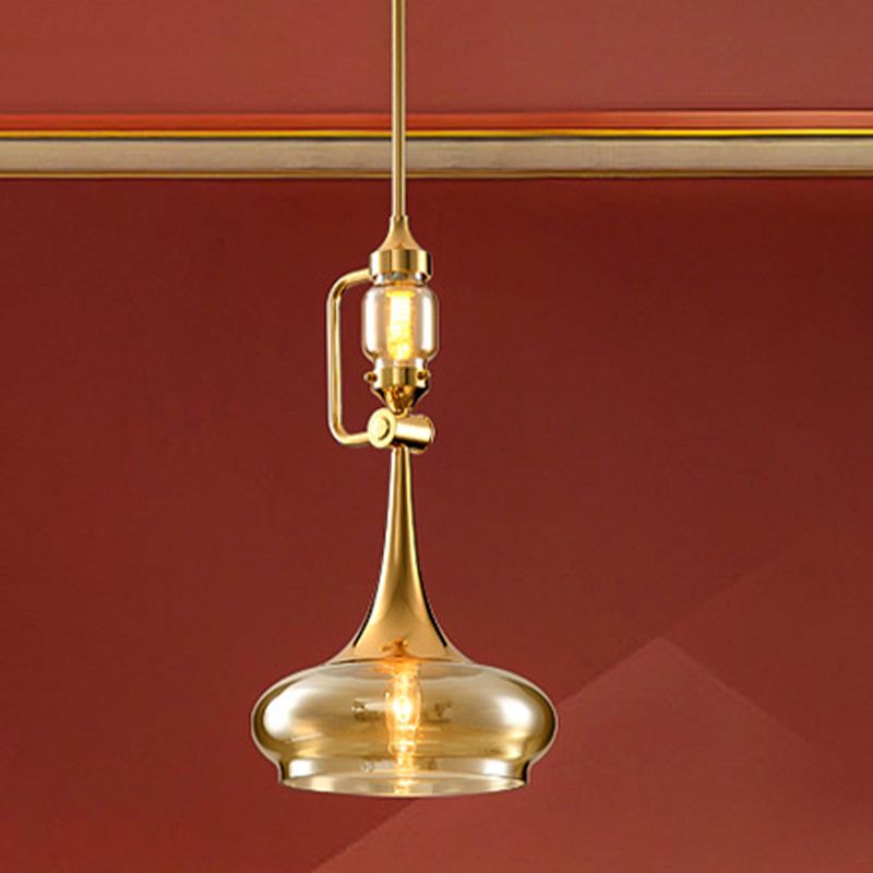 Trumpet Amber Glass Hanging Pendant Colonialism 2 Lights Restaurant Ceiling Light in Gold