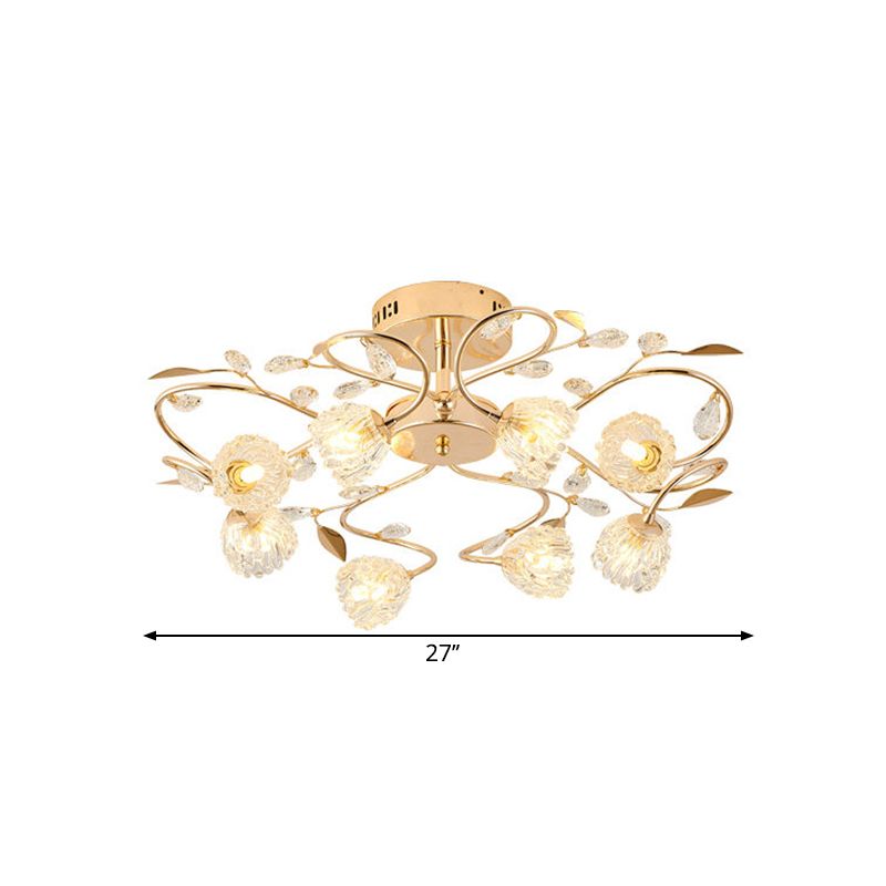 PRISMATIC Crystal Floral Soffio Light Contemporary 8 Bulbs Semi Flush With Metal Leaf Design in oro