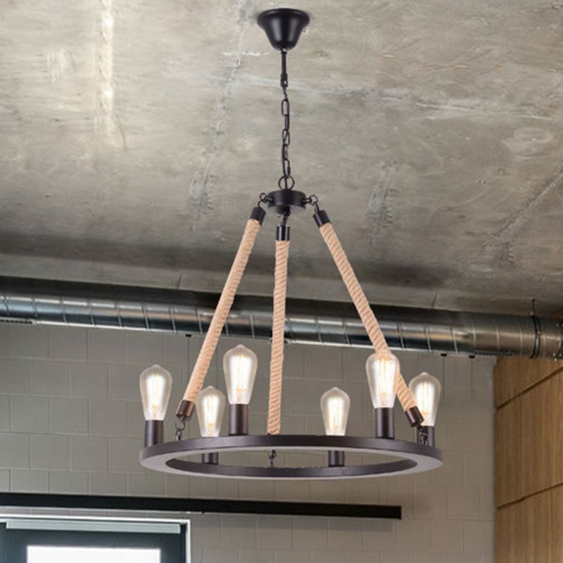 Iron Ring Chandelier Light Antique Restaurant Pendant Light Fixture with Hemp Rope in Matte Black