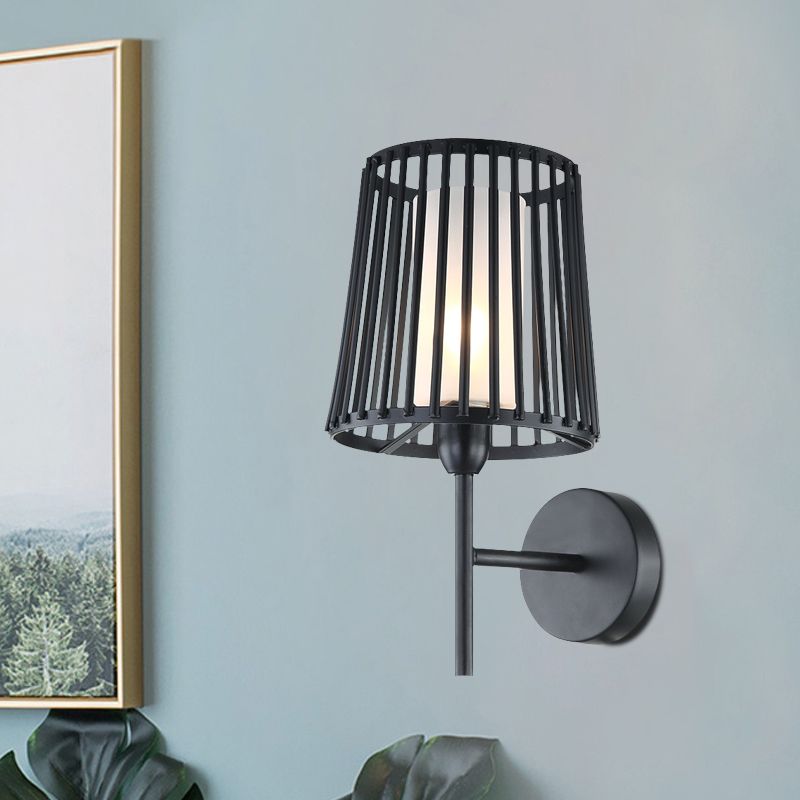 Single Light Wall Mount Lamp Farmhouse Cone Frame Metallic Wall Sconce Lighting with Cylinder Opal Glass Shade in Black