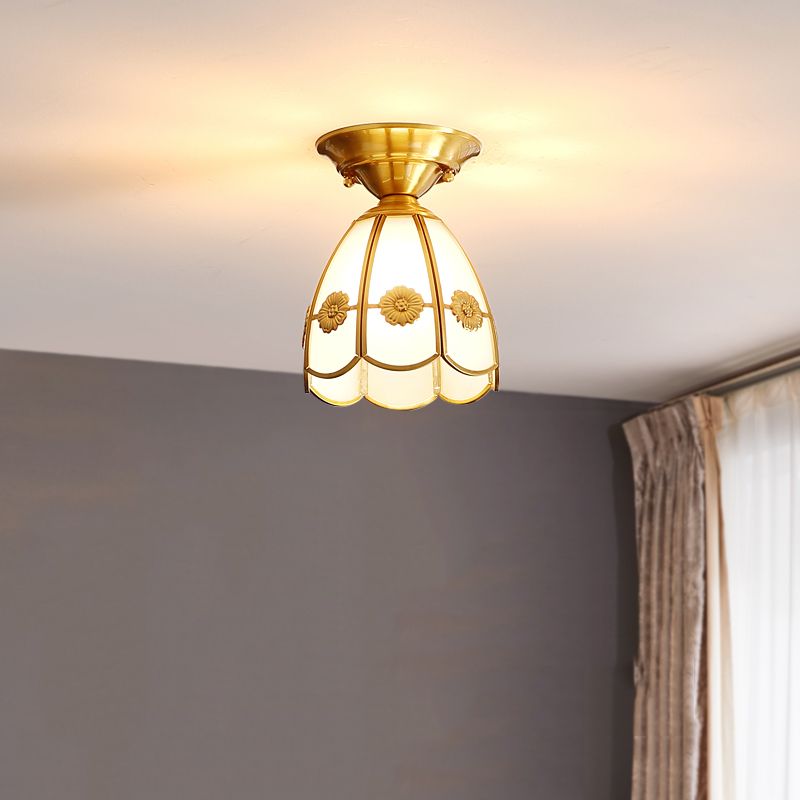 Vintage Shaded Ceiling Mount Light Fixture Glass Ceiling Light Fixture in Brass