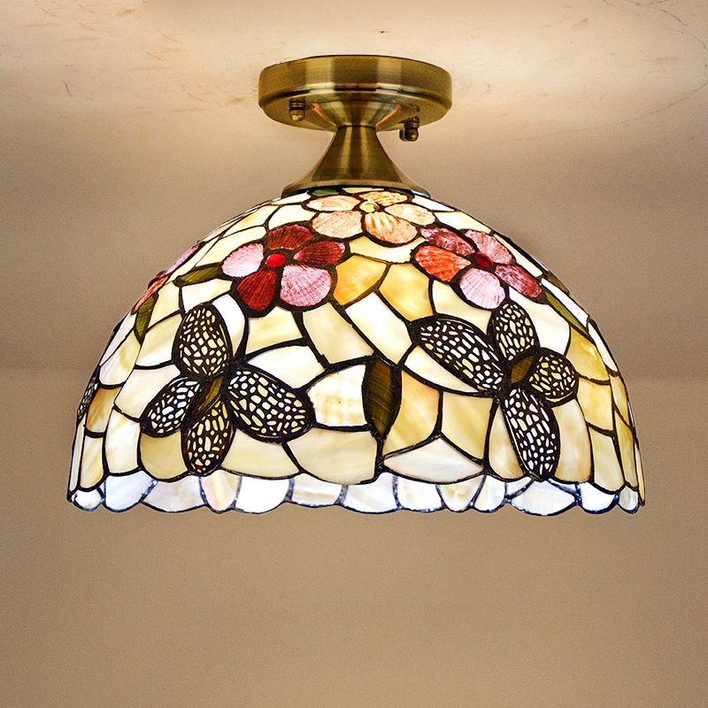 Single Kitchen Ceiling Flush Light Tiffany Brass Flush Mount with Flower-Butterfly Shell Shade