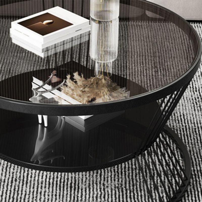 Round Coffee Cocktail Table Glass Top Frame Coffee or End Table with Storage Shelf