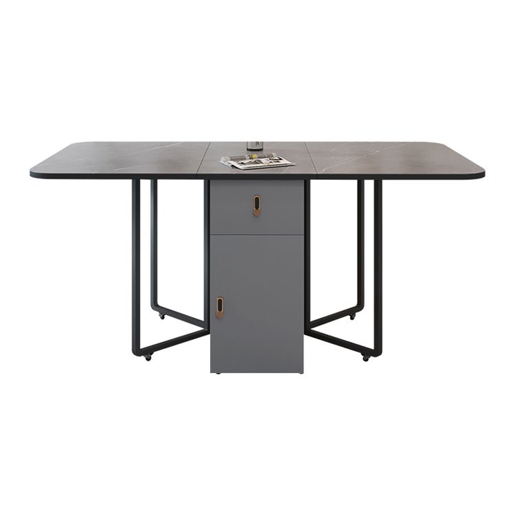 Metal Base Modern Rectangular Table Sintered Stone Top Table with Drop Leaf
