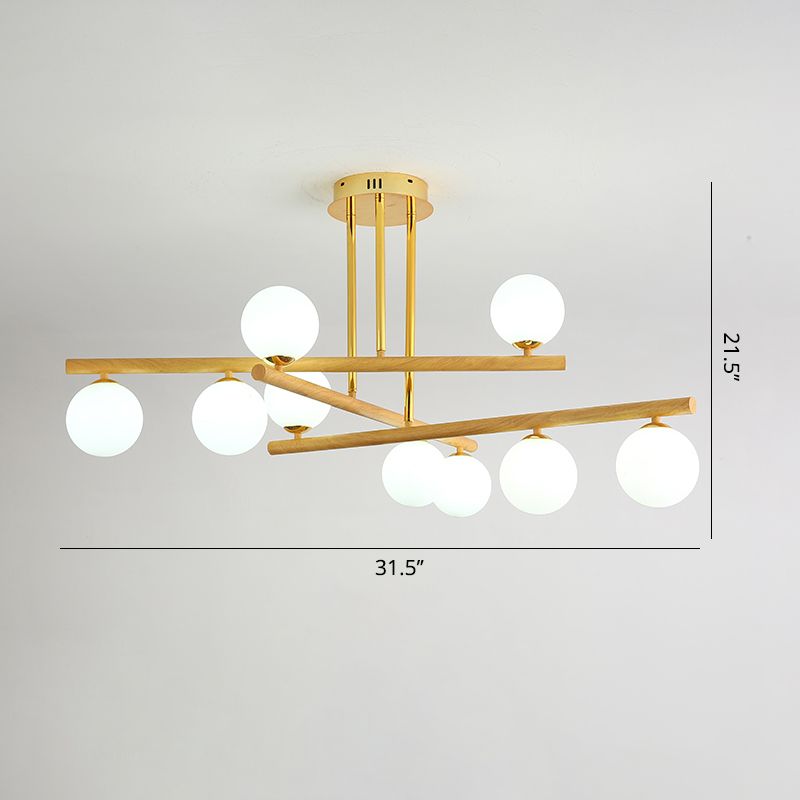 Lampadario sferico in legno leggero minimalista con tonalità di vetro opalina per camera da letto